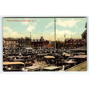 Railroad Square Postcard Horses Buggy Huge Crowds 1910's Asbury Park New Jersey
